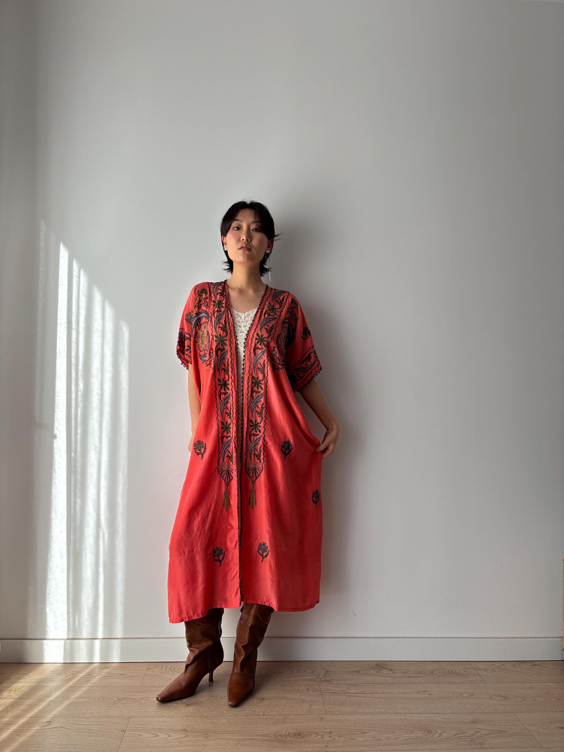 1900s 1910s Ottoman Embroidered Robe in Dark Red: Metallic Floral Hand ...