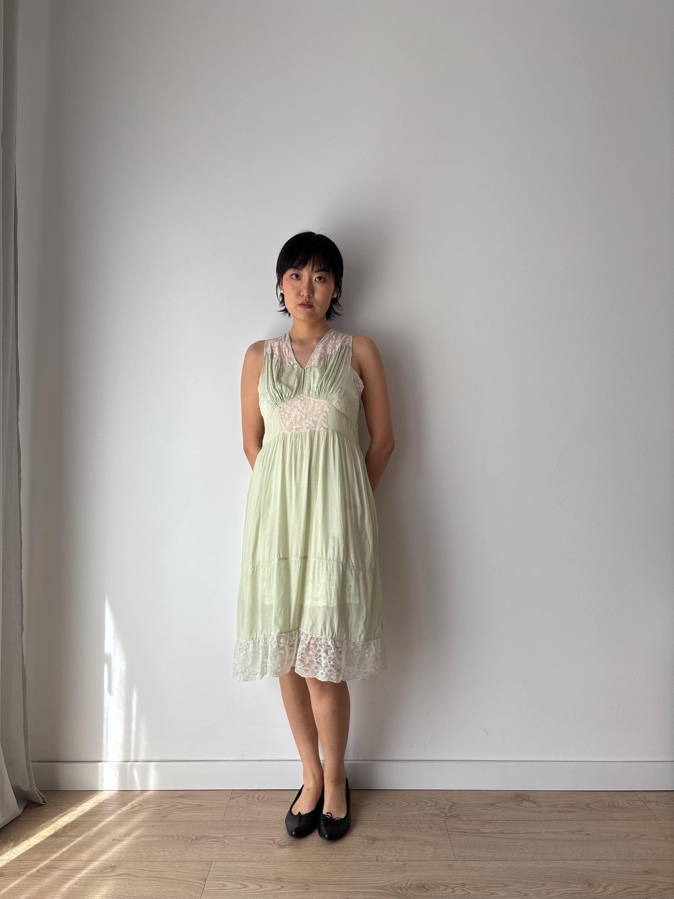 Vintage 1930S Pale Green Silk Slip Dress With Lace Trim, Size Medium