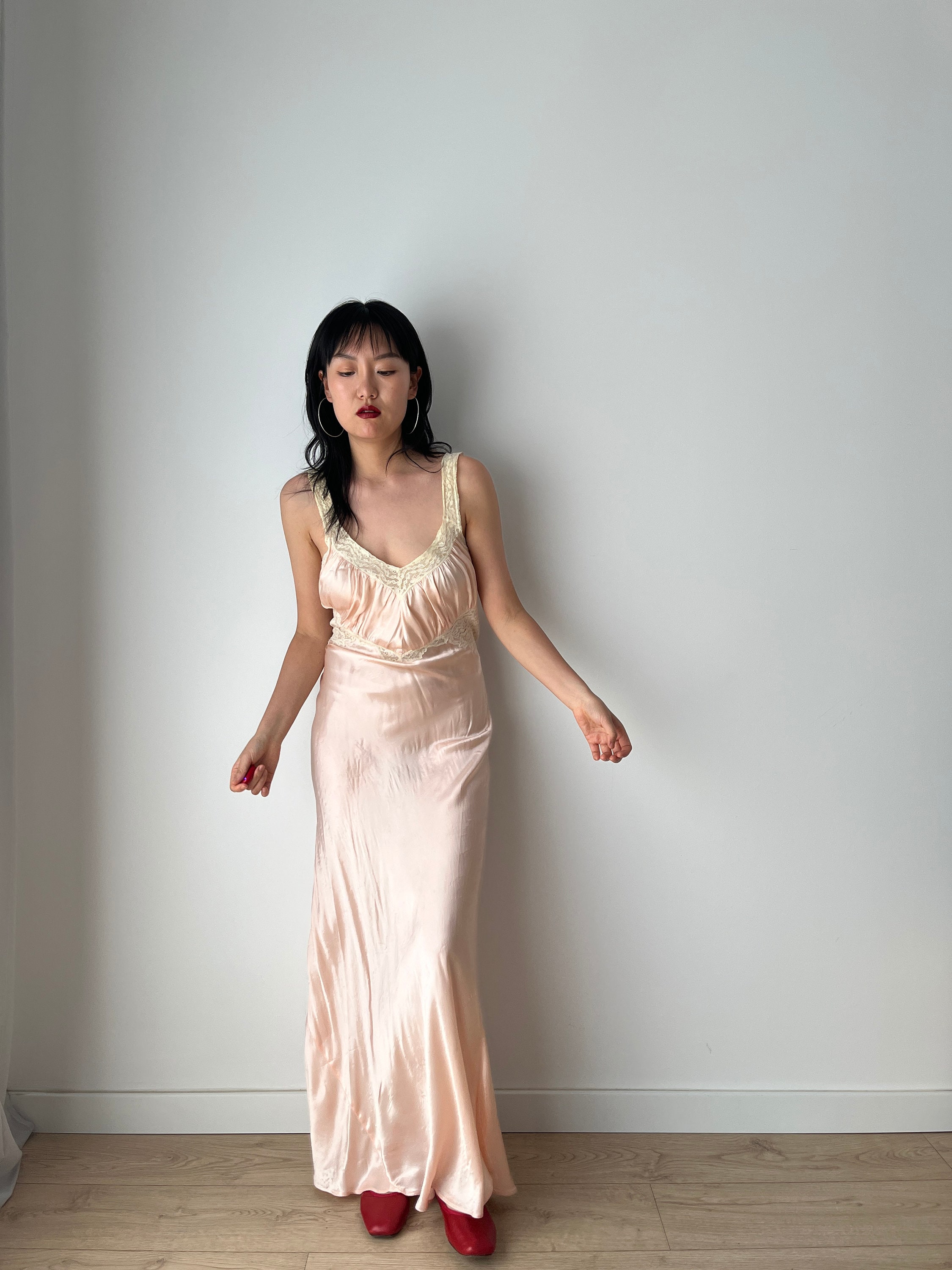 アンティークサーモンピンクシルク1930sナイトドレスロングワンピース