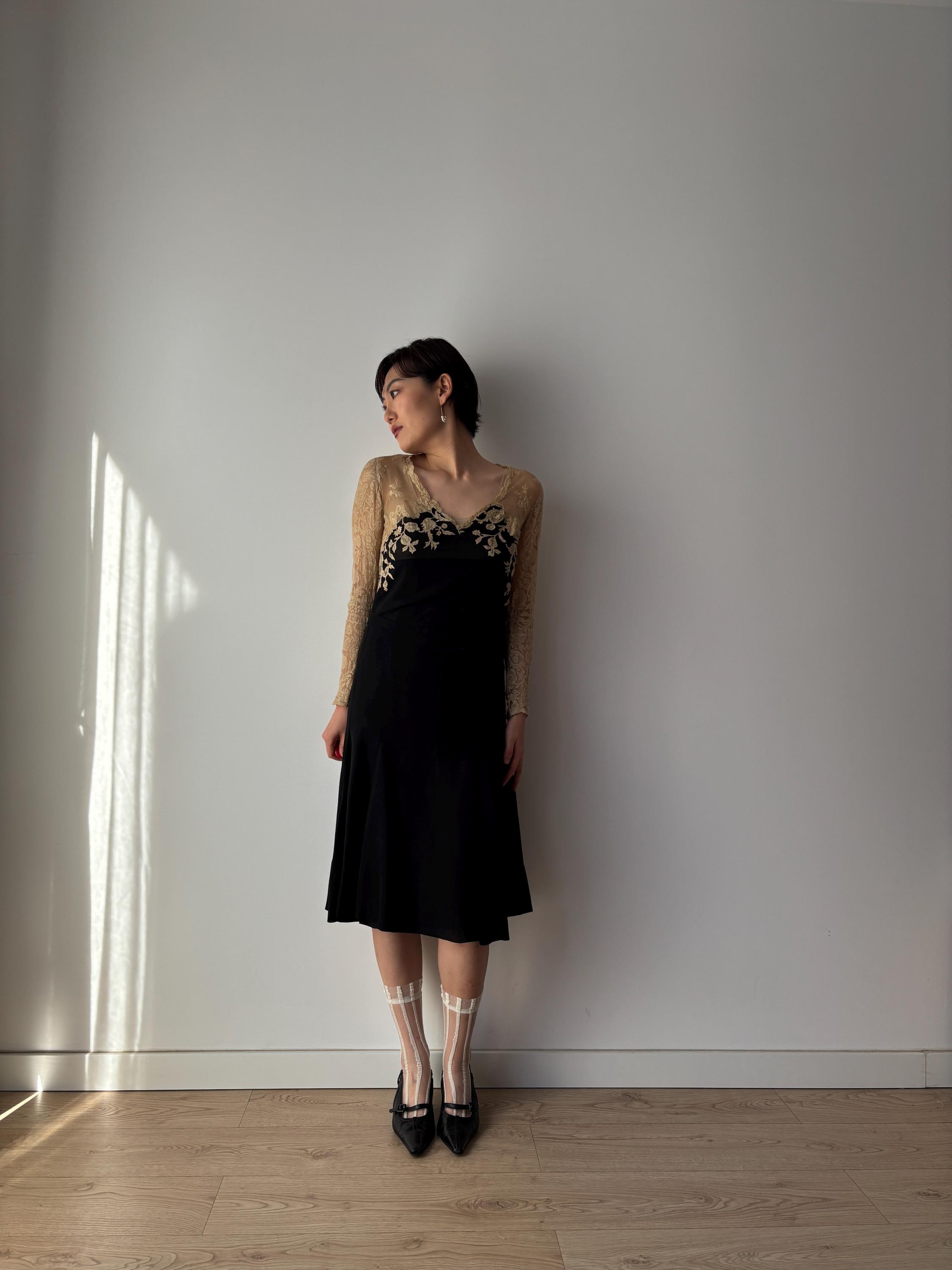 1930s Black Silk Chiffon Dress Set: Bias Cut with Floral Lace Appliqu 1930s Black Silk Chiffon Dress Set: Bias Cut with Floral Lace Appliqu