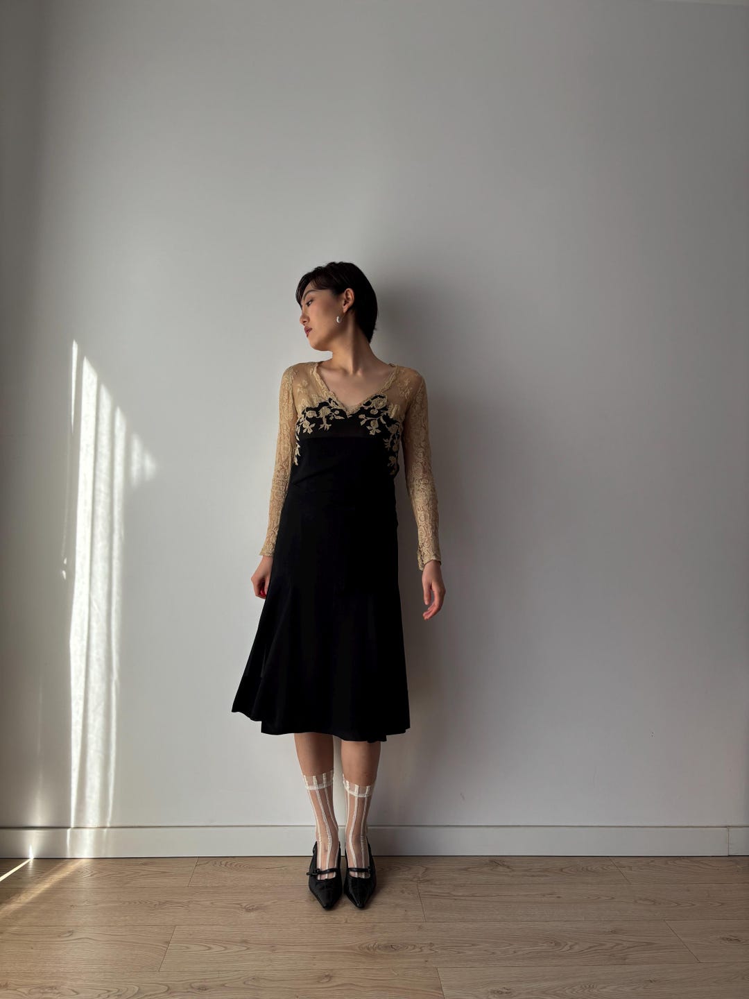 1930s Black Silk Chiffon Dress Set: Bias Cut With Floral Lace Appliqué ...