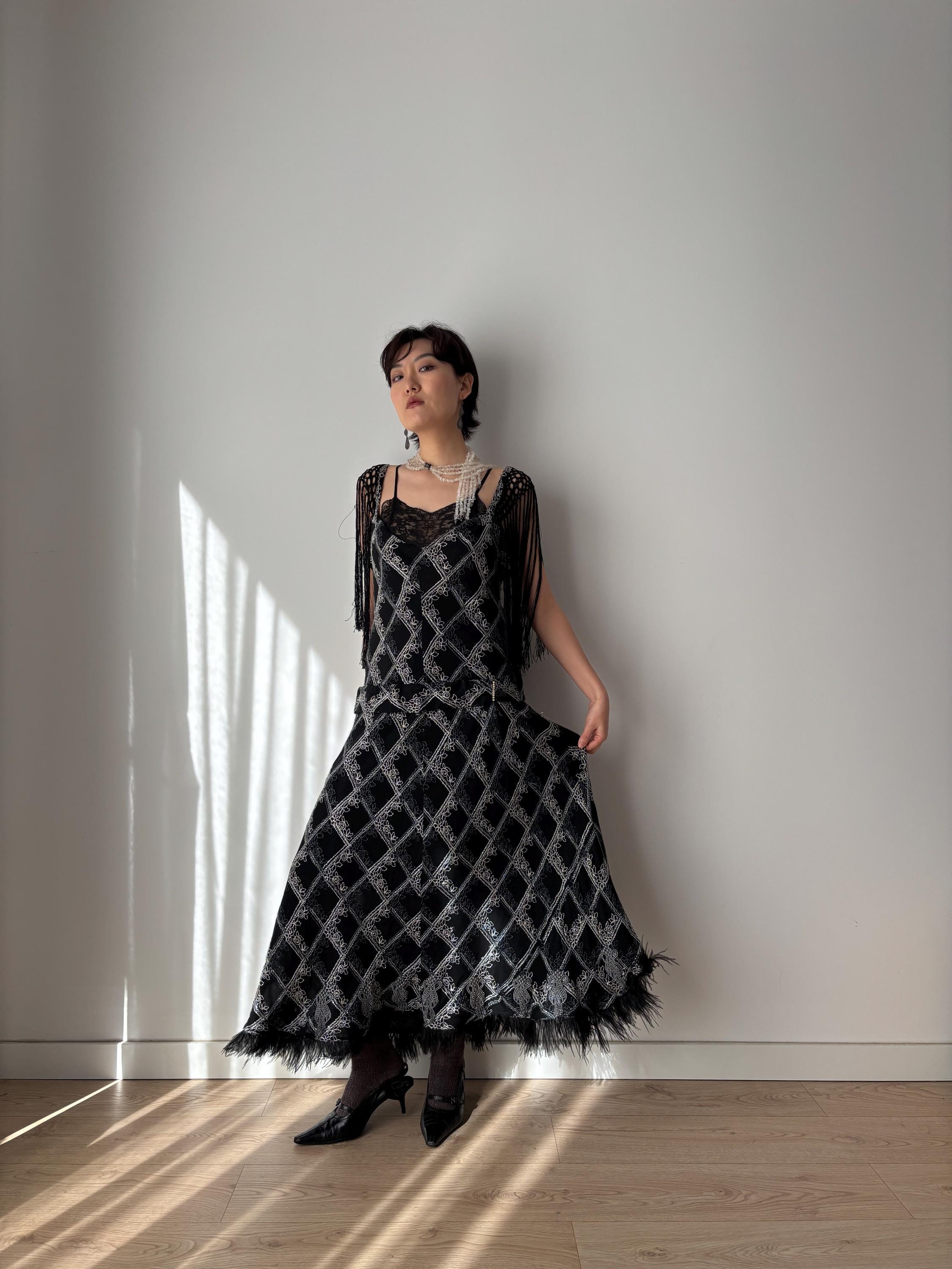 Robe Vintage Oleg Cassini Années 90 - Noire, Perles De Soie, Manches Transparentes - Taille S - Occasion Très Bon état