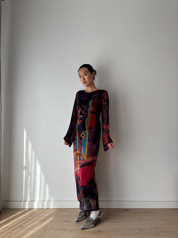 knee length dresses for ladies SAVE THE QUEEN MULTI COLOURED PRINT LONG SLEEVE LONG DRESS SIZE L   Whispers Dress Agency