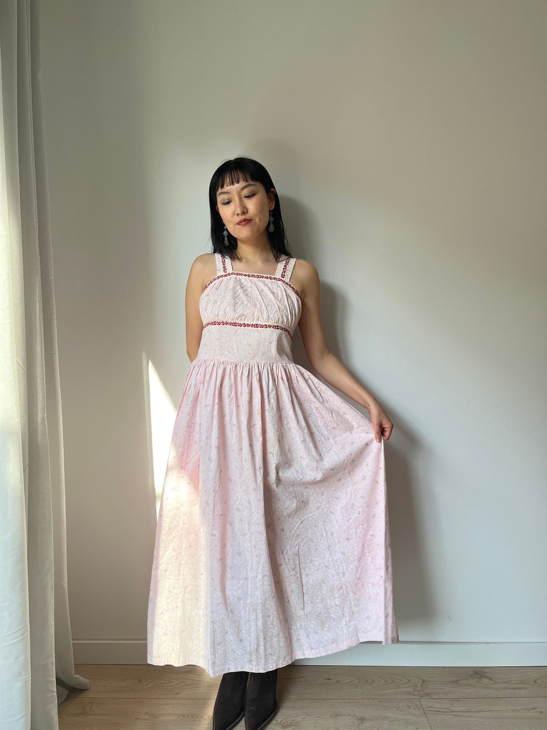1950s Pink Floral Print Dress | XS