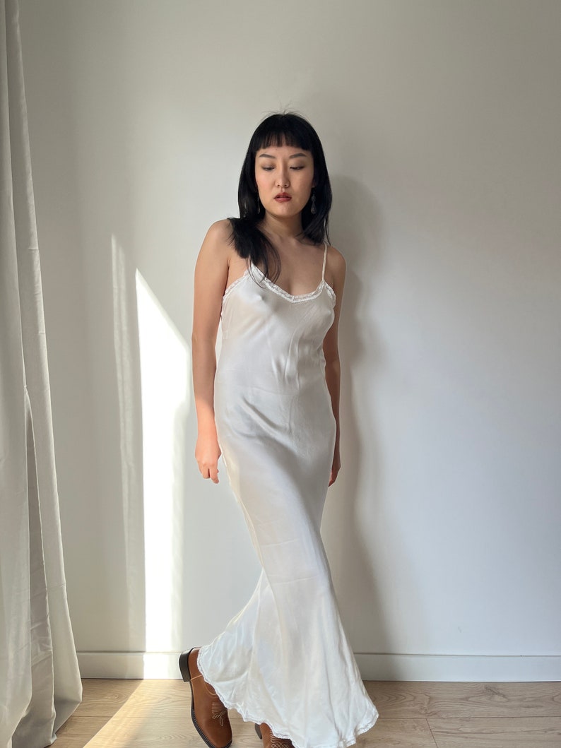 Vintage 90s Y2K Liquid Silk Satin White Embroidered Slip Long Maxi ...