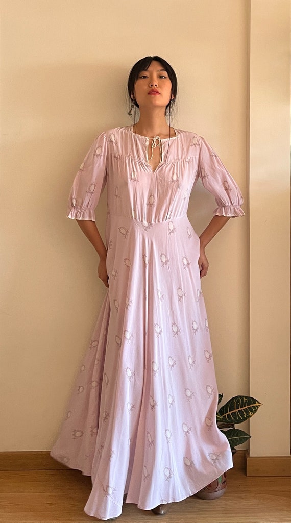 Antique 1940s 1950s lilac silk maxi dress, abstrac