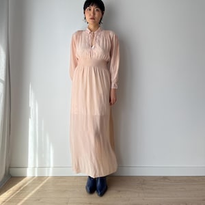 Antique 1930s 1940s ribbon bias cut liquid silk crepe sheer bridal nightdress, Embroidered art deco pink nightgown, 40s maxi slip dress