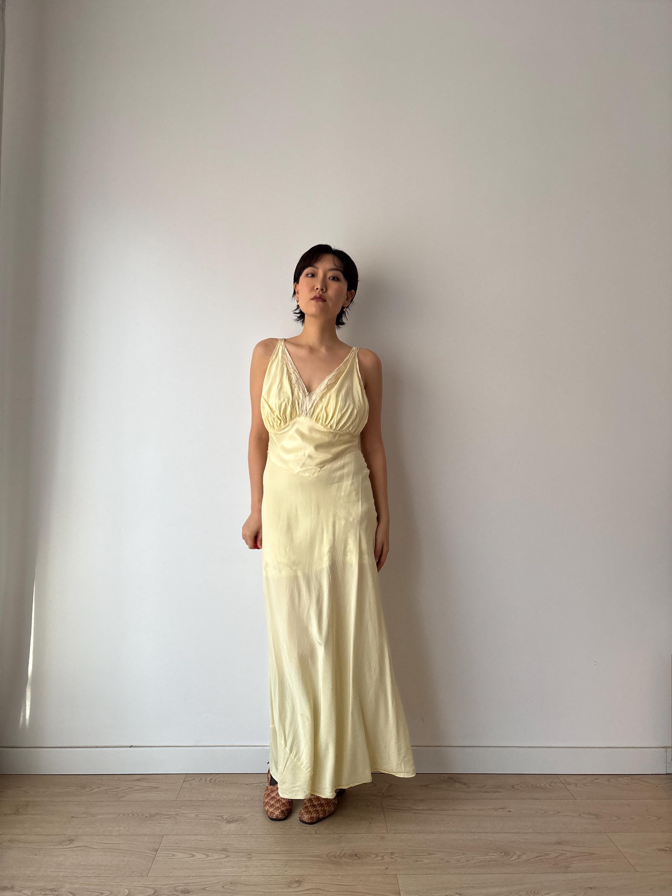 1940s Yellow Lace Floral Embroidered Satin Slip Dress: Bias Cut Maxi