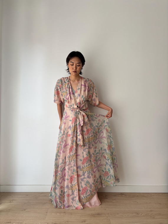 1920s silk chiffon dress Vintage 1920s Silk Chiffon Dressing Gown, Floral Print, Art Deco Robe
