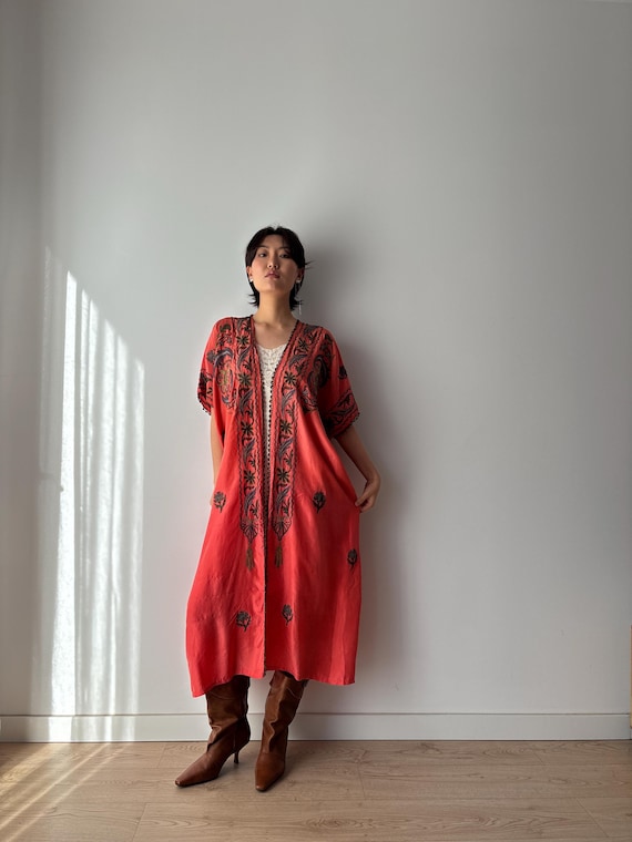 1910s red dress 1900s 1910s Ottoman Embroidered Robe in Dark Red: Metallic Floral Hand  Embroidery