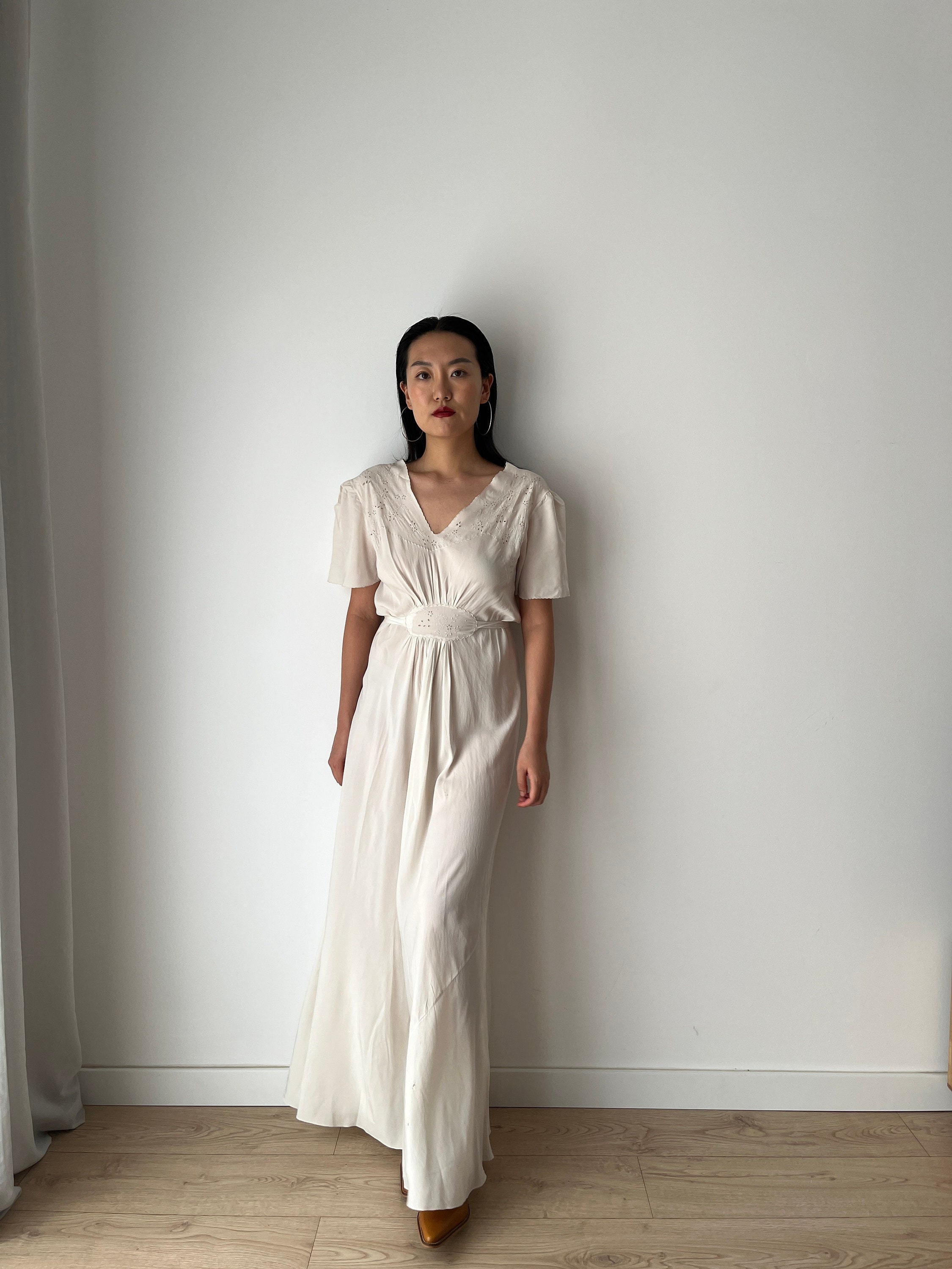 1930s Antique Bridal Lace Bias Cut Negligee Silk Satin Embroidered