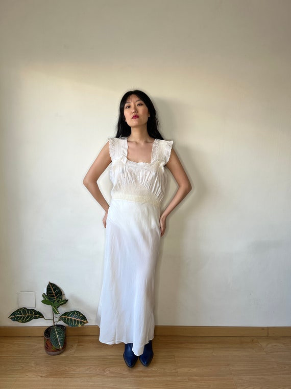 1940s Antique Bias Cut Ruffle White Pure Silk Cre… - image 3