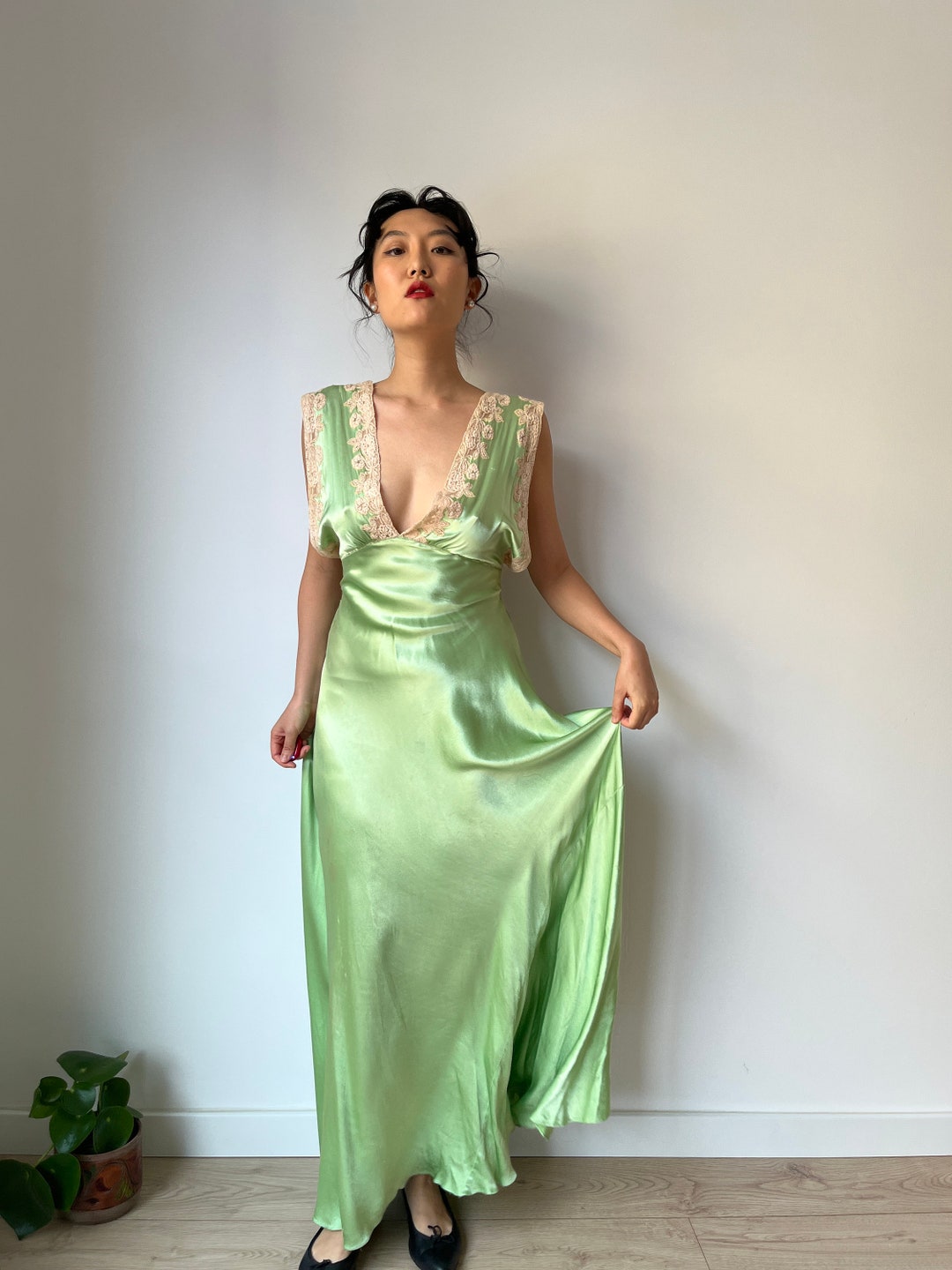 Retro 1930 Mint Pastel Green Lace Silk Satin Nightgown Etsy