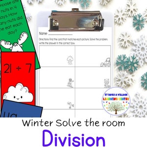 May include: A printable worksheet for children to practise division problems. The worksheet features a winter theme with images of a snowman, a snowflake, a snowplough, and a skier. The worksheet includes the text "Winter Solve the Room Division".