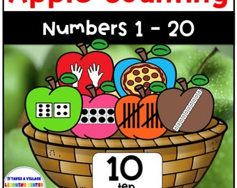 Hoja de trabajo para contar manzanas: Números del 1 al 20, Matemáticas de jardín de infantes (Patrón PDF)