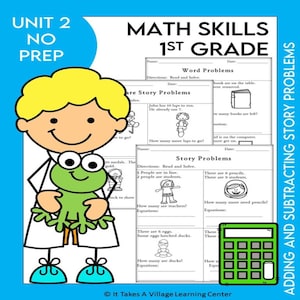 Puede incluir: Un conjunto de hojas de trabajo imprimibles para habilidades matemáticas de primer grado. Las hojas de trabajo presentan problemas de palabras y problemas de historia con una rana de dibujos animados y un niño con una bata de laboratorio. Las hojas de trabajo están diseñadas para ayudar a los estudiantes a aprender a sumar y restar.