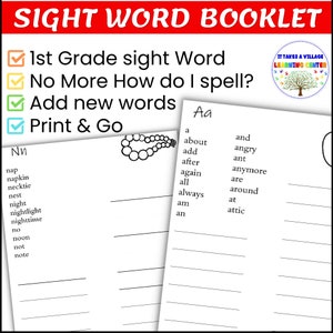 May include: A printable sight word booklet for first grade students. The booklet includes two pages with lists of sight words, such as "nap", "about", "add", and "angry". The booklet also includes a checklist of features, including "1st Grade sight Word", "No More How do I spell?", "Add new words", and "Print & Go".