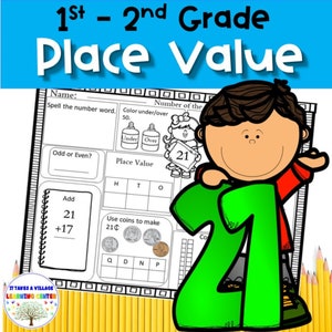 May include: A black and white worksheet for 1st and 2nd grade students to practice place value with the number 21. The worksheet includes activities such as spelling the number word, identifying if the number is odd or even, adding two numbers, and using coins to make 21 cents.