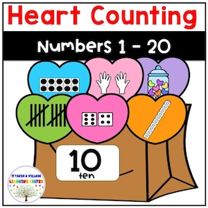 May include: A brown paper bag with a white label that says "10 ten" on it. The bag is filled with colorful hearts that have different ways to count to ten, such as ten tally marks, ten dots, ten hearts in a jar, and ten fingers.