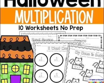 Hojas de trabajo de matemáticas de Halloween: Paquete de actividades de multiplicación para tercer grado