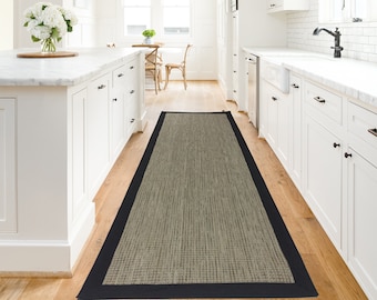 Custom Rug Runner, Extra Long -Extra Narrow JUTE-SISAL Look for Corridor Kitchen, Cuttable Bordered Carpet for Stairs, Handmade Flat Woven,