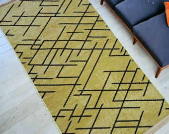 WASHABLE - Non Slip Custom Runner Rug for, Extra Long Cut to Size SUMMER RUG - Striped Cool Rugs - Yellow Black
