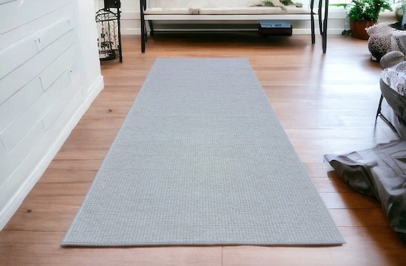 Ecru Checkered Rug Runner: Custom Plain Rug for Home Decor