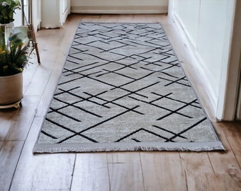 Cut to Size SUMMER RUG - WASHABLE - Non Slip Custom Runner Rug for, Extra Long Striped Cool Rugs - Beige Black