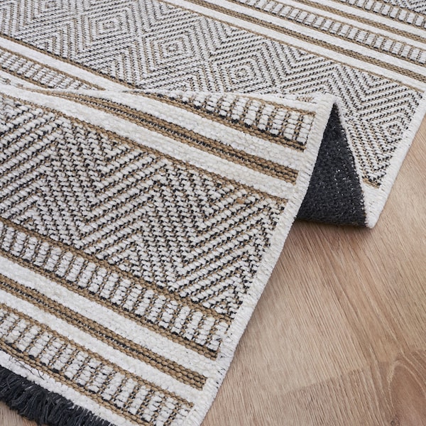 Turkish Jute Runner Rug: Ecru Geometric, Non-Slip, Custom Size