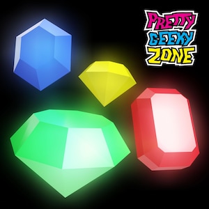 May include: Four colorful, glowing gemstone shapes: blue, yellow, green, and red, against a black background. The image includes the text "Pretty Geeky Zone" in a colorful, stylized font.