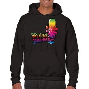 May include: Black hooded sweatshirt with a rainbow graphic of a microphone and the text "Seeking Jam Hard On!"