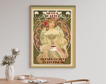 Vintage French Coffee Art – Art Nouveau Woman Print | Elegant Café Poster | Restored Antique Advertisement