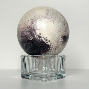 Hand-Painted Pluto Planet Globe on 3 inch Solid Walnut Wood Sphere, Celestial Art
