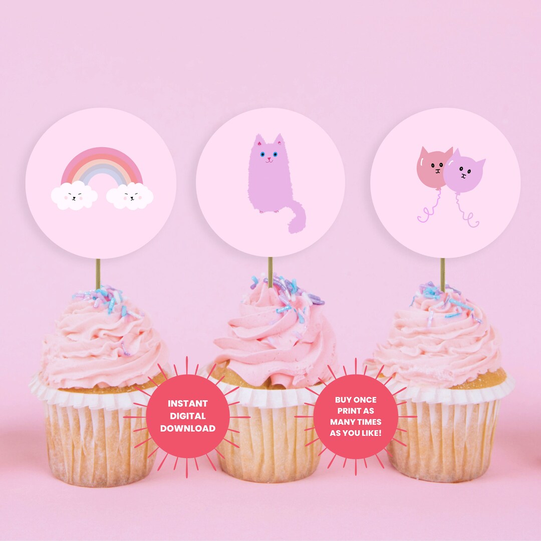 Pawty Cupcake Toppers Printable Cupcake Toppers Girls Birthday Party Cat Lover Cake Toppers Cat ...