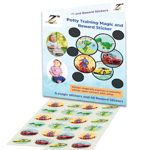 May include: Potty training sticker set with 5 magic stickers and 60 reward stickers. The magic stickers are hidden under a black circle and reveal a colorful image when wet. The reward stickers feature a superhero, a dinosaur, and a sports car.