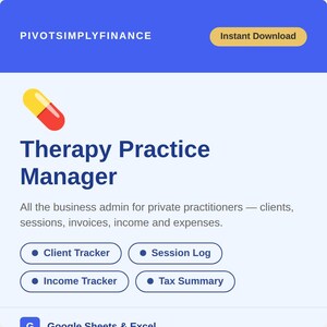 Könnte beinhalten: Digitales Grafikdesign für einen "Therapy Practice Manager" mit der Option "Sofort-Download". Das Bild zeigt ein Pillen-Symbol und Schaltflächen für Kunden-, Sitzungs-, Einkommens- und Steuerverfolgung. Der Hintergrund ist hellblau und dunkelblau.