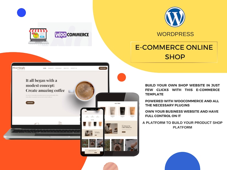 May include: A laptop and tablet computer displaying a website for a coffee shop. The website features a photo of a cup of coffee and the text "It all began with a modest concept: Create amazing coffee". The website is powered by WordPress and WooCommerce.
