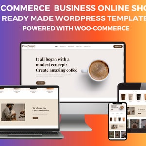 May include: A website mockup for an online coffee shop built with WordPress and WooCommerce. The website features a modern design with a focus on high-quality coffee. The text on the website reads "It all began with a modest concept: Create amazing coffee." and "We Telecast Our Coffee Making Live."