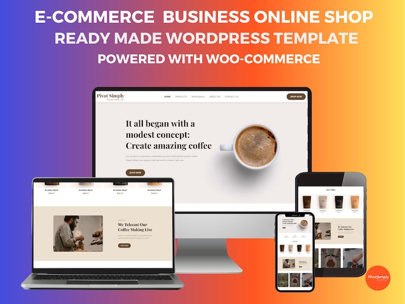 May include: A website mockup for an online coffee shop built with WordPress and WooCommerce. The website features a modern design with a focus on high-quality coffee. The text on the website reads "It all began with a modest concept: Create amazing coffee." and "We Telecast Our Coffee Making Live."