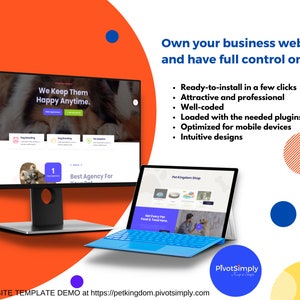 Könnte beinhalten: Eine Website-Vorlage für ein Tiergeschäft, mit einem blauen Laptop, auf dem eine Website geöffnet ist. Die Website ist für ein Tiergeschäft namens "Pet Kingdom Shop" und hat den Slogan "Get Every Pet Food & Food Here". Der Laptop befindet sich auf einem roten Hintergrund mit einem blauen Kreis und einem gelben Kreis. Der Text "Besitzen Sie Ihre eigene Website und haben Sie die volle Kontrolle darüber" wird über dem Laptop angezeigt. Der Text "In wenigen Klicks installierbar, Attraktiv und professionell, Gut programmiert, Mit den notwendigen Plugins ausgestattet, Für mobile Geräte optimiert, Intuitive Designs" wird unter dem Laptop angezeigt.