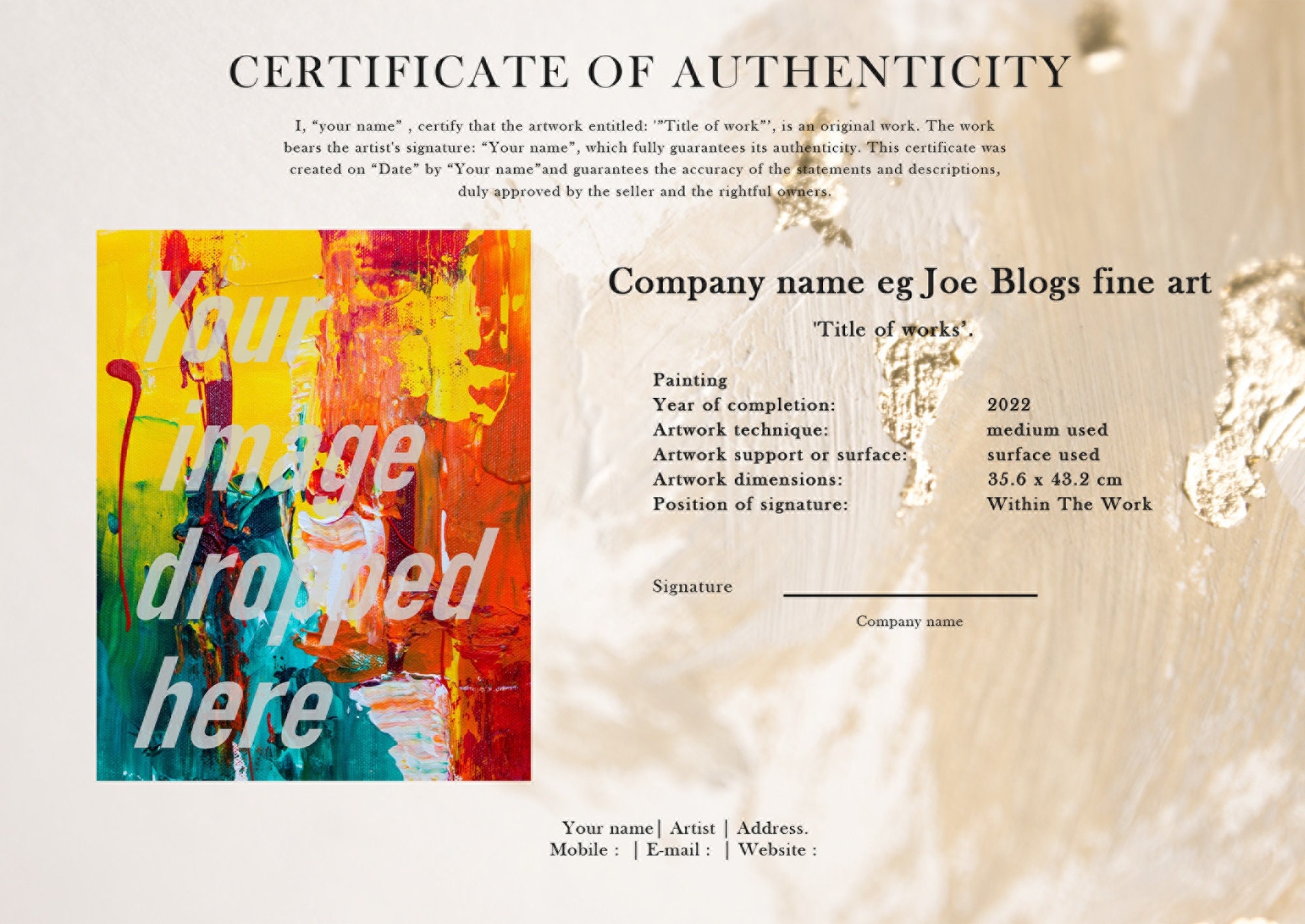 Fine Art Certificate Certificate of Authenticity Editable Certificate Fine Art Certificate Certificate of Authenticity Editable Certificate