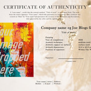 Art certificate Certificate of Authenticity editable certificate Art print certificate Certificate for art Artist certificate.
