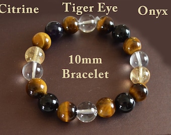 10 mm AAA Tijgeroogarmband met citrien, onyx, kristal | Power-armband | Veel geluk armband | Edelsteen rekbare armband