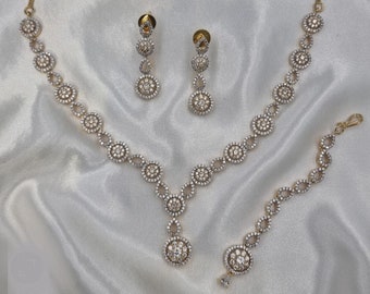 American Diamond Gold Silver Necklace Earring Tikka Set, Indian Jewellery Set, Bridal