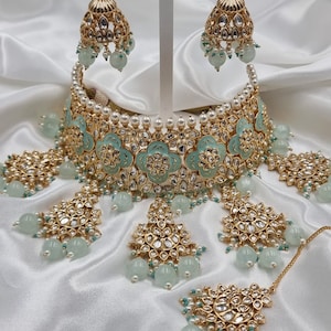 Mint Meenakari Hand Painted Kundan Choker Necklace Earring & Tikka Set, gold plated, ivory mint pearls, Indian Jewellery Set Bridal