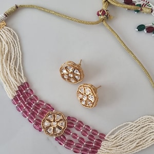Gold and Rani Pink Kundan style Choker and Earring Set, Pink Bead Choker, Indian Set, Bridal Set