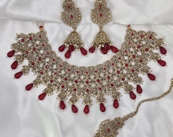 Antique Gold Ruby Red Polki Choker Necklace  Jhumka & Tikka Set, mehndi plated, ruby red and ivory pearls, Indian Jewellery Set Bridal