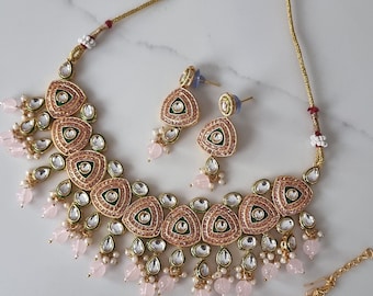 Pink Kundan Choker Necklace Earring Tikka Set, Gold Plated Indian Jewellery