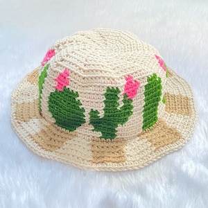 Puede incluir: Un sombrero de crochet con un patrón de cuadros beige y marrón y un diseño de cactus en verde y rosa.
