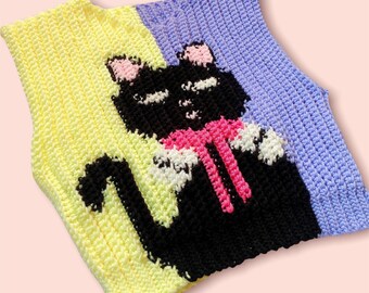 Cat Printed Crochet Ribbed Top PATTERN (PDF Pattern)